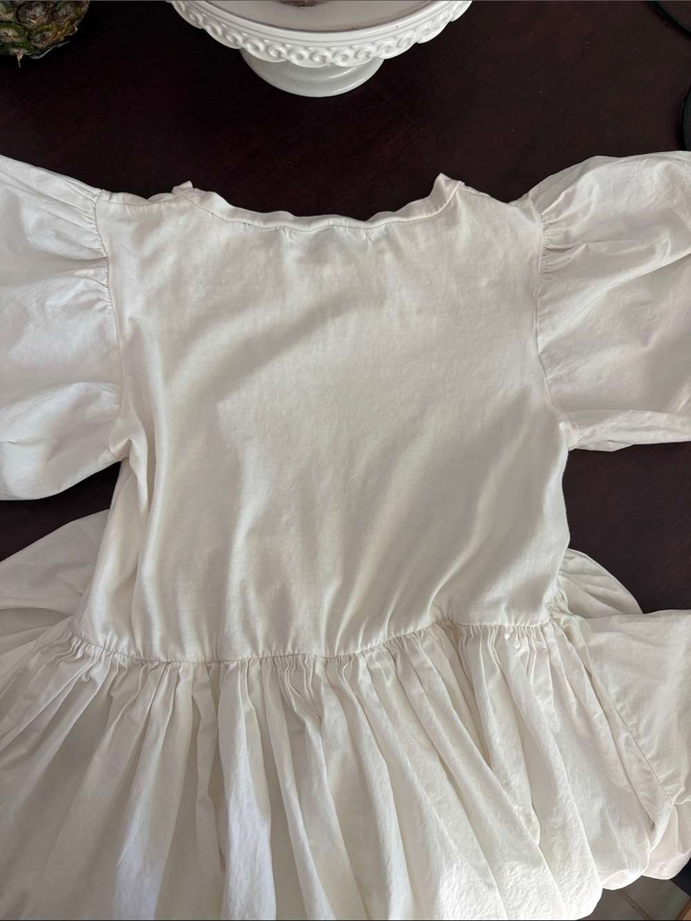 White Puff-Sleeve Midi Dress with Beige Knit Bodice - Picture 14 of 16